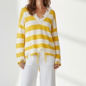 Show Me Your Mumu Delphina Distress Slouchy Yellow Rugby Stripe sweater coastal